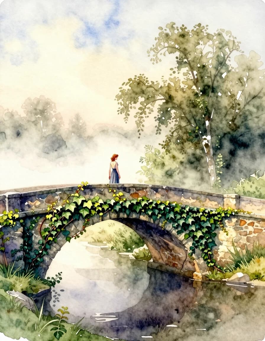 A masterpiece. Creating an image. The style is watercolor painting. Delicate watercolor on raw.((An ivy-covered stone bridge in the morning fog, there is a beautiful one on the bridge :1.6)). High resolution. High detail and clear texture. Intense close-up. High quality. Increased attention to small details. The aspect ratio is 3:4. The artists are Levitan, Shishkin.