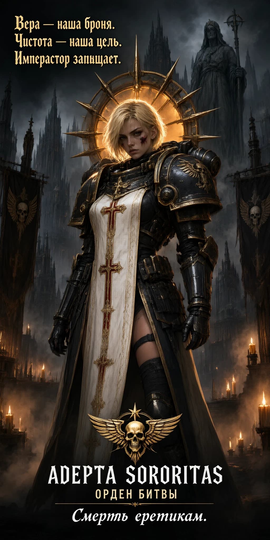 Это изображение выполнено в стилистике вселенной *Warhammer 40,000* и представляет собой портрет Сестры Битвы (Adepta Sororitas).

### Основной контент
Центральной фигурой является молодая женщина с короткими светлыми волосами. Она одета в сочетание боевой брони и элементов религиозного облачения. На ней наплечники силового доспеха черного цвета с золотой отделкой, а под ними — белый табард с вышитыми крестами. Ноги частично открыты, на них высокие темные чулки или элементы тактического снаряжения. За ее спиной виден большой светящийся нимб, напоминающий колесо с шипами, что подчеркивает ее святость или фанатичную преданность.

### Фон
Фон представляет собой мрачный готический пейзаж, типичный для миров-ульев Империума:
*   **Архитектура:** Огромные шпили соборов с острыми крышами, окутанные дымом и туманом.
*   **Символика:** В верхней правой части видна величественная статуя святой или девы. По бокам расположены знамена с изображениями черепов и иконографией, характерной для фракции.
*   **Атмосфера:** Окружение темное, угнетающее, с акцентами на дым, пепел и мягкое свечение свечей или лампад, расположенных в нижней части композиции.

### Детали цвета
Цветовая палитра выдержана в приглушенных, «готических» тонах:
*   **Черный и серый:** Основные цвета брони, теней и архитектуры.
*   **Золотой:** Используется для акцентов на доспехах, нимбе и декоративных элементах, создавая контраст с мрачным фоном.
*   **Белый/Кремовый:** Цвет табарда, который является светлым пятном, притягивающим взгляд к центру.
*   **Телесный:** Естественный оттенок кожи лица, подчеркнутый мягким освещением.

### Подробные крупные планы
*   **Лицо:** Высокие скулы, четко очерченные губы, взгляд сфокусирован. На щеках легкие следы  боевого грима.
*   **Нимб:** За головой виден сложный ореол, выполненный из металла, который излучает свет, создавая эффект ореола святости вокруг персонажа.
*   **Текст:** В левом верхнем углу расположен текст: *Вера — наша броня. Чистота — наша цель. Император защищает. В нижней части — дополнительные надписи, дополняющие лор изображения.
*   **Детали снаряжения:** Хорошо проработана фактура металла на наплечнике, крепления ремней и кресты, нашитые на ткань, что добавляет реализма и глубины композиции.

В целом, изображение является высококачественным фан-артам, который идеально передает атмосферу пафоса, религиозного фанатизма и мрачного будущего, свойственных *Warhammer 40,000*.