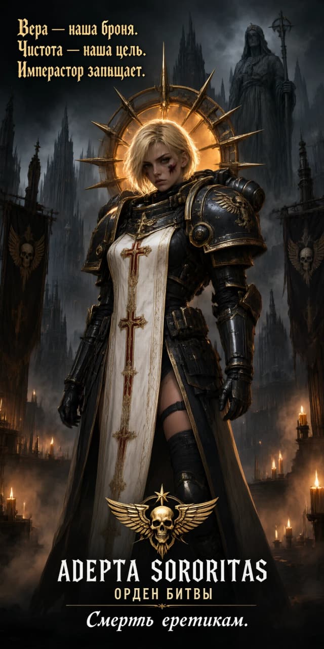 Это изображение выполнено в стилистике вселенной *Warhammer 40,000* и представляет собой портрет Сестры Битвы (Adepta Sororitas).

### Основной контент
Центральной фигурой является молодая женщина с короткими светлыми волосами. Она одета в сочетание боевой брони и элементов религиозного облачения. На ней наплечники силового доспеха черного цвета с золотой отделкой, а под ними — белый табард с вышитыми крестами. Ноги частично открыты, на них высокие темные чулки или элементы тактического снаряжения. За ее спиной виден большой светящийся нимб, напоминающий колесо с шипами, что подчеркивает ее святость или фанатичную преданность.

### Фон
Фон представляет собой мрачный готический пейзаж, типичный для миров-ульев Империума:
*   **Архитектура:** Огромные шпили соборов с острыми крышами, окутанные дымом и туманом.
*   **Символика:** В верхней правой части видна величественная статуя святой или девы. По бокам расположены знамена с изображениями черепов и иконографией, характерной для фракции.
*   **Атмосфера:** Окружение темное, угнетающее, с акцентами на дым, пепел и мягкое свечение свечей или лампад, расположенных в нижней части композиции.

### Детали цвета
Цветовая палитра выдержана в приглушенных, «готических» тонах:
*   **Черный и серый:** Основные цвета брони, теней и архитектуры.
*   **Золотой:** Используется для акцентов на доспехах, нимбе и декоративных элементах, создавая контраст с мрачным фоном.
*   **Белый/Кремовый:** Цвет табарда, который является светлым пятном, притягивающим взгляд к центру.
*   **Телесный:** Естественный оттенок кожи лица, подчеркнутый мягким освещением.

### Подробные крупные планы
*   **Лицо:** Высокие скулы, четко очерченные губы, взгляд сфокусирован. На щеках легкие следы  боевого грима.
*   **Нимб:** За головой виден сложный ореол, выполненный из металла, который излучает свет, создавая эффект ореола святости вокруг персонажа.
*   **Текст:** В левом верхнем углу расположен текст: *Вера — наша броня. Чистота — наша цель. Император защищает. В нижней части — дополнительные надписи, дополняющие лор изображения.
*   **Детали снаряжения:** Хорошо проработана фактура металла на наплечнике, крепления ремней и кресты, нашитые на ткань, что добавляет реализма и глубины композиции.

В целом, изображение является высококачественным фан-артам, который идеально передает атмосферу пафоса, религиозного фанатизма и мрачного будущего, свойственных *Warhammer 40,000*.
