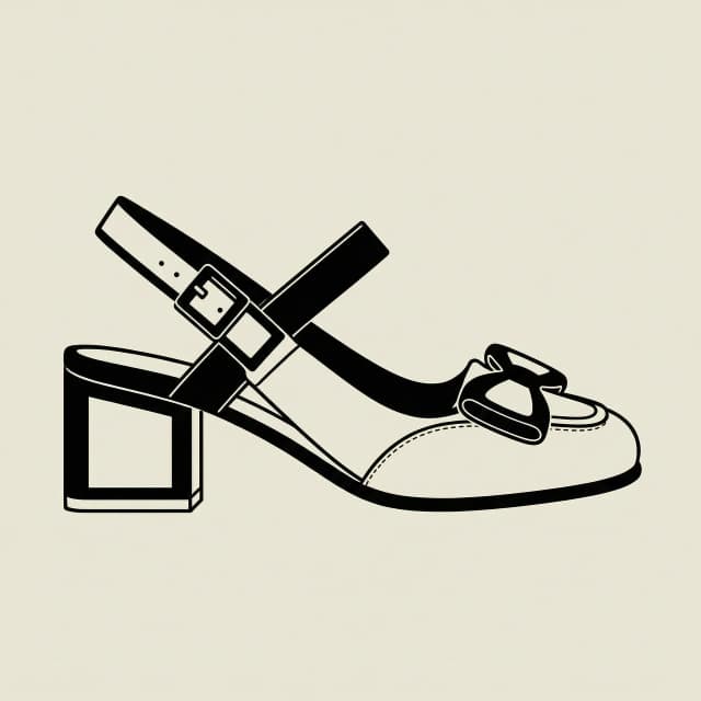 Конструкция и графический силуэт этой обуви представляют собой геометрию туфель с открытой пяткой (слингбэков), построенную на контрасте острых и мягких линий. Носочная часть закругленная. Присутствует мокасиновоя вставка, а наложенный поверх мыса симметричный бант с двумя объемными плоскими петлями уравновешивает это вертикальное удлинение. Геометрия верхней части усложнена мягкой овальной вставкой на союзке, которая сглаживает строгие линии носка и выступает оригинальным декоративным или конструктивным элементом кроя. Глубокий V-образный вырез открывает верхнюю часть стопы и плавно переходит в тонкие боковые детали. Из них выходит удерживающий ремешок, который огибает щиколотку по диагонали вниз и фиксируется миниатюрной прямоугольной пряжкой. Опорная часть завершается массивным контуром невысокого каблука в форме жесткого прямоугольного блока, вертикаль задней стенки которого продолжает естественную линию пятки.