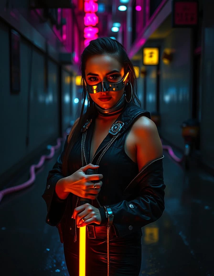 A raw, high-contrast portrait of a mysterious woman with glowing cybernetic face plates and chrome details. She is standing in a dark wet alleyway, holding a futuristic metallic device. The rain-slicked ground reflects harsh neon pink and yellow light. Sharp focus, night lighting.