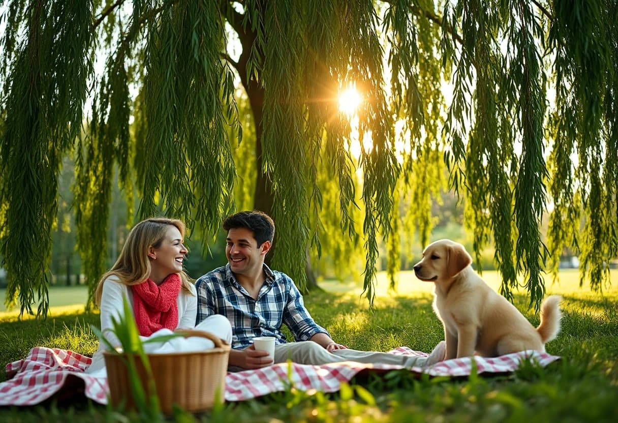 A family picnic inside a beautiful green dome of a giant weeping willow tree. A happy couple is laughing on a soft picnic blanket. In the background on the edge of the blanket, a small, cute golden retriever puppy is curled up happily, watching them. Sunlight cuts through the willow leaves, illuminating warm dust motes in the air. Balanced composition, realistic proportions, nostalgic and joyful atmosphere, photorealistic, 8k.