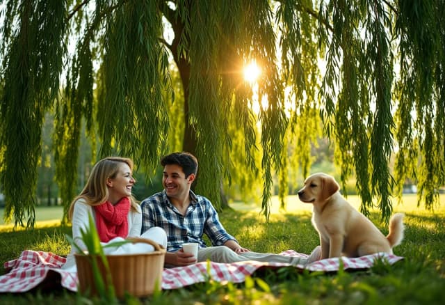 A family picnic inside a beautiful green dome of a giant weeping willow tree. A happy couple is laughing on a soft picnic blanket. In the background on the edge of the blanket, a small, cute golden retriever puppy is curled up happily, watching them. Sunlight cuts through the willow leaves, illuminating warm dust motes in the air. Balanced composition, realistic proportions, nostalgic and joyful atmosphere, photorealistic, 8k.