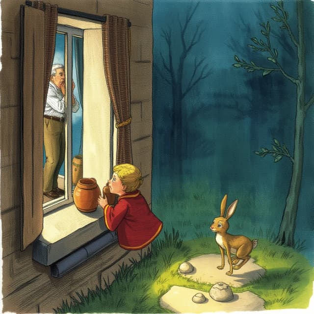 нарисуй Иллюстрация для детской фэнтези-книги: Колобок-Яутжи победил дедушку и бабушку и готовится спрыгнуть с подоконника на дорожку, где его поджидает мутант-заяц-калиско.