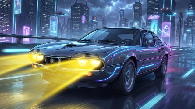 Alfa Romeo Montreal, едет по дороге, эпичный ракурс, горящие фары, шедевр, крупный план, стиль аниме с реалистичными деталями, киберпанк,