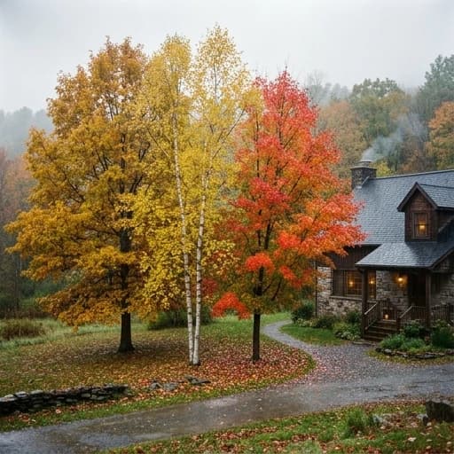 Осень, желтый дуб, берёза с желтыми листьями и красный клён, стоят у дома рядом  группой под дождём.