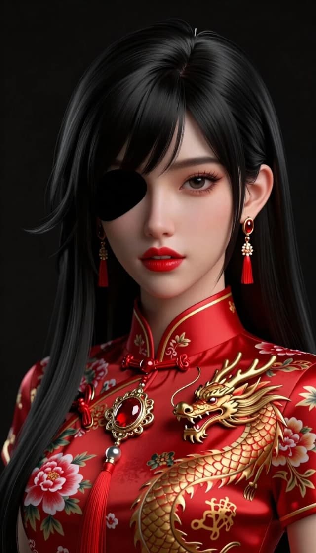 ultra realistic,masterpiece,high detailed skin,best quality,high res,highly detailed costumes,(finely detailed face),(no mask:1.1),
(high_contrast:1.3),ultra-sharp details, crisp edges, high definition, sharp focus, no blur, intricate texture clarity,3D rendering, photorealistic 3D, Blender render, Cinema 4D style, 3D model, volumetric lighting,
1girl, solo, front facing, long hair, looking at viewer, black hair, jewellery, upper body, earrings, parted lips, teeth, hair over one eye, lips, eyelashes, makeup, swept bangs, animal, chinese clothes, floral print, red dress, lipstick, black background, gem, tassel, portrait, china dress, dragon, red lips, chinese zodiac, eastern dragon,
