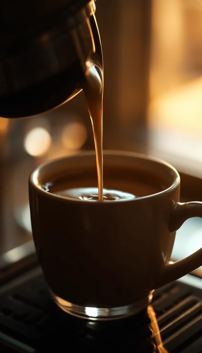 Cinematic premium coffee commercial, warm sophisticated atmosphere, realistic photography, shallow depth of field, beautiful natural morning light, subtle film grain, elegant camera movement.
Scene: freshly brewed espresso slowly pouring into a beautiful ceramic cup. Extreme close-up, rich crema forming on the surface, dramatic warm backlight, slow motion. Milk being poured into the coffee, creating an elegant latte art pattern. Smooth controlled movement, beautiful steam.
Mood: inspiring, warm, premium, comforting, sophisticated.