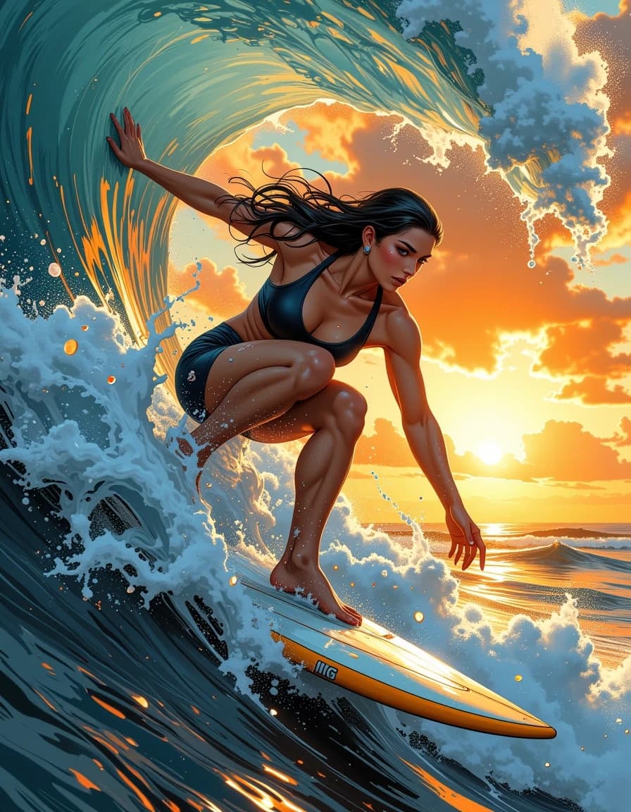 A masterpiece,  in the style of the 1980s, with bold lines, dynamic strokes and rich textures, on background with a touch of nostalgia, perhaps with subtle drawings inspired by cellulose and vintage, worn textures similar to paper, oil painting, A hyper-realistic airbrush painting of a female surfer riding inside a perfect barrel wave at sunset, close-up view with sharp focus on her dynamic pose and facial features, wet hair clinging to her head and shoulders, water droplets and spray splashing on her skin and around, ultra-detailed water droplets, glowing golden and orange hues reflecting vibrant sunlight, dynamic motion blur on wave and spray, cinematic lighting emphasizing depth and texture, highly detailed skin and muscle definition with realistic highlights and shadows, intricate reflections on surfboard, dramatic sky with soft clouds, photorealistic rendering, 8k resolution, smooth gradient background, styled as a masterful airbrush artwork, photorealistic style