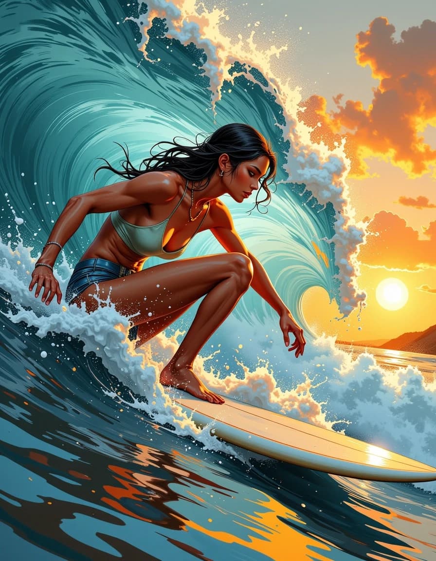 A masterpiece,  in the style of the 1980s, with bold lines, dynamic strokes and rich textures, on background with a touch of nostalgia, perhaps with subtle drawings inspired by cellulose and vintage, worn textures similar to paper, oil painting, A hyper-realistic airbrush painting of a female surfer riding inside a perfect barrel wave at sunset, close-up view with sharp focus on her dynamic pose and facial features, wet hair clinging to her head and shoulders, water droplets and spray splashing on her skin and around, ultra-detailed water droplets, glowing golden and orange hues reflecting vibrant sunlight, dynamic motion blur on wave and spray, cinematic lighting emphasizing depth and texture, highly detailed skin and muscle definition with realistic highlights and shadows, intricate reflections on surfboard, dramatic sky with soft clouds, photorealistic rendering, 8k resolution, smooth gradient background, styled as a masterful airbrush artwork, photorealistic style