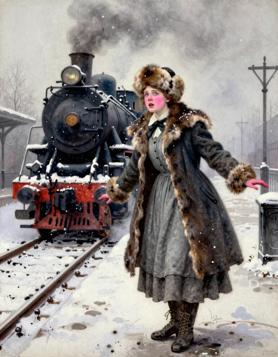 Russia, 1916, the station, the station platform, there is a steam locomotive shrouded in steam at the platform, it's winter outside, it's a fine snowfall. A 20-year-old girl is dressed in a gray cloth skirt peeking out from under a fitted coat trimmed with squirrel fur, a fur round cap, coquettishly pushed slightly to one side. On his feet are high boots with lacing in the fashion of the 19th century. Her cheeks are pink with excitement and her blue eyes look anxious. Her arms are outstretched, her open gaze is directed forward. an epic atmosphere. pastel art, dark fantasy. ink + gouache. Pale cloudy colors. High graininess. Art by Don Maitz-Robert. dark fantasy, oil paints, ink+gouache drawing. Image fading, noise. high detail.