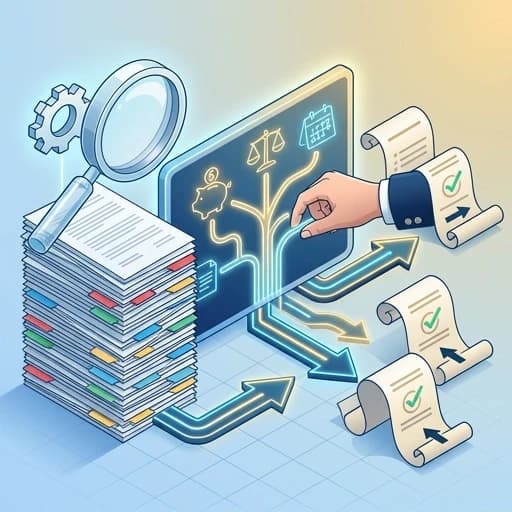 Изометрическая 3D-иллюстрация рабочего процесса налогового консультанта. Слева: гигантская стопка документов с разноцветными вкладками, нависающее над ней увеличительное стекло и шестеренка, символизирующая анализ. В центре: цифровая панель управления со светящимся деревом ветвей – каждая ветвь ведет к отдельному значку: копилке, юридической шкале и календарю. Стрелки соединяют приборную панель с правой стороны, где в виде свитков разворачиваются три стилизованные "дорожные карты", каждая из которых отмечена галочкой и стрелкой направления. Изящная рука (в деловом костюме) регулирует одну из ветвей. Фон: чистый пол в виде сетки со слабым синим градиентом. Освещение: неоново-голубые и золотые акценты. Минималистичный, векторный, профессиональный дизайн. --ar 16:9 --версия 6.0
