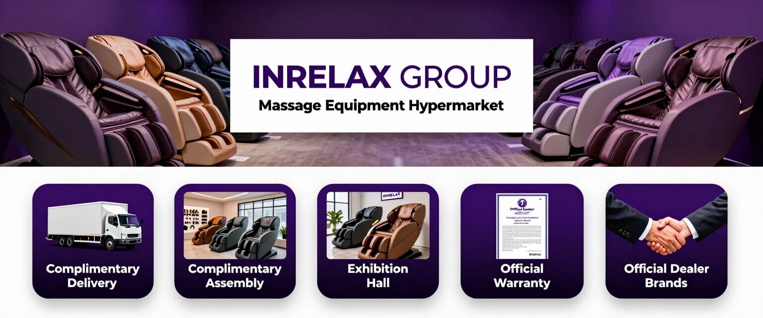 Ultra-wide website banner for a massage chair hypermarket, aspect ratio 3:1, very wide horizontal banner, 1200px width.
Background: dark showroom with rows of modern massage chairs, deep purple gradient #4d1b74, premium style, cinematic lighting, realistic photography, high resolution.
Center: white rectangular logo block with bold text "INRELAX GROUP" on ONE SINGLE HORIZONTAL LINE in purple and white. Below it: smaller white strip with text "Massage Equipment Hypermarket", the strip is NARROWER than the logo block above.
Bottom row: EXACTLY FIVE rounded rectangular plates in ONE SINGLE HORIZONTAL LINE. Each plate has a PHOTOGRAPHIC BACKGROUND IMAGE and a dark purple gradient shadow on the RIGHT SIDE. White text over the right shadow, using these SHORT ENGLISH PHRASES, EACH PHRASE MUST FIT COMFORTABLY INSIDE THE PLATE AND BE BROKEN INTO TWO LINES:
1. Photo of a delivery truck - "Complimentary Delivery" (two lines: "Complimentary" / "Delivery")
2. Photo of tools and wrench - "Complimentary Assembly" (two lines: "Complimentary" / "Assembly")
3. Photo of a showroom interior with massage chairs - "Exhibition Hall" (two lines: "Exhibition" / "Hall")
4. Photo of a warranty certificate - "Official Warranty" (two lines: "Official" / "Warranty")
5. Photo of a business handshake - "Official Dealer Brands" (two lines: "Official Dealer" / "Brands")
Each plate: photo fills the background, dark gradient from left to right, white bold text on the right side, text is SMALL ENOUGH to fit inside the plate with padding, no text overflow, no text cut off. Clean layout, professional design, ultra-sharp typography, no watermark.