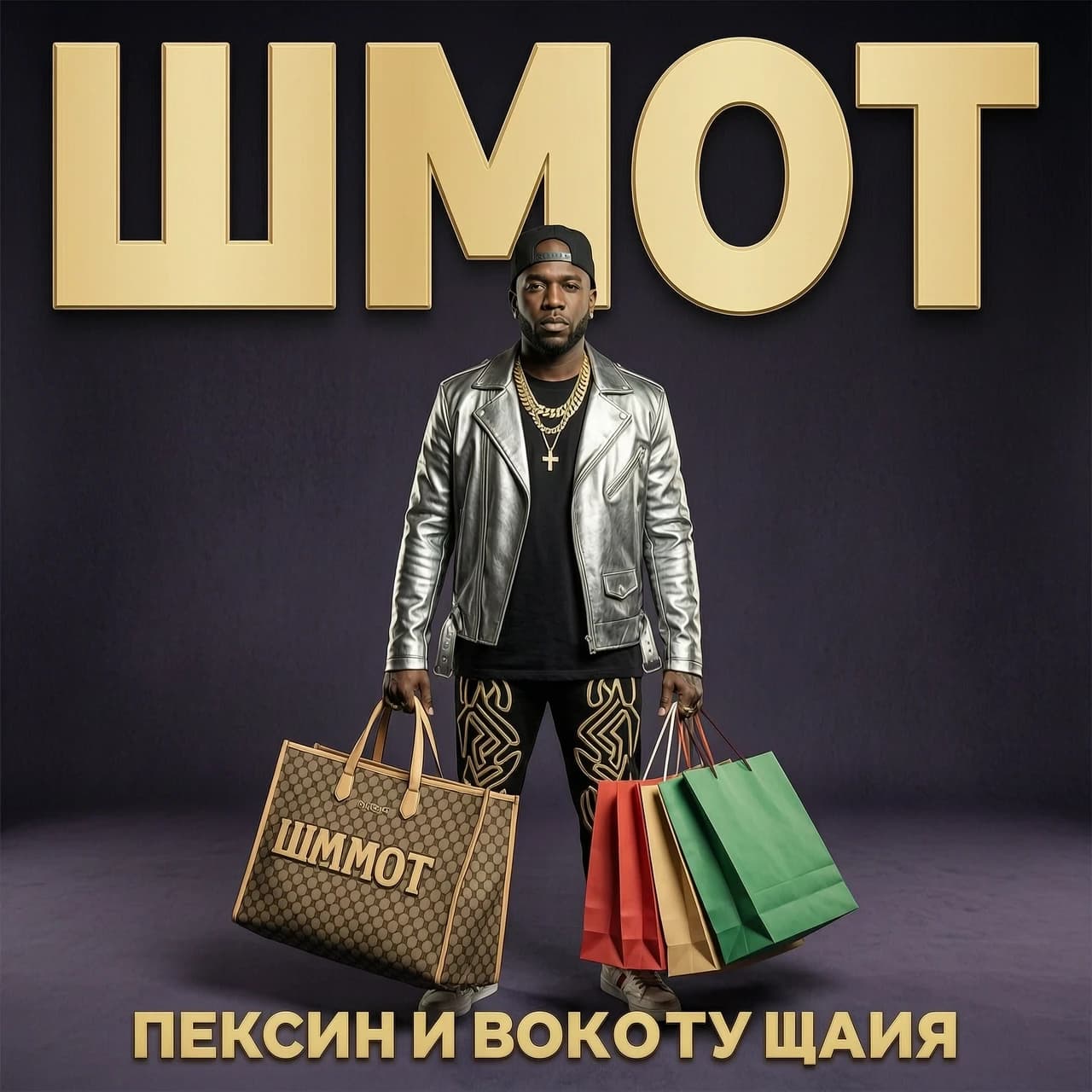Я хочу создать постер с изображением певца Мота, только чтобы написано было ШМОТ и он был в гламурных брендах, убрать мота и добавить сумки с покупками, а можно еще лицо реппера Мот вставить