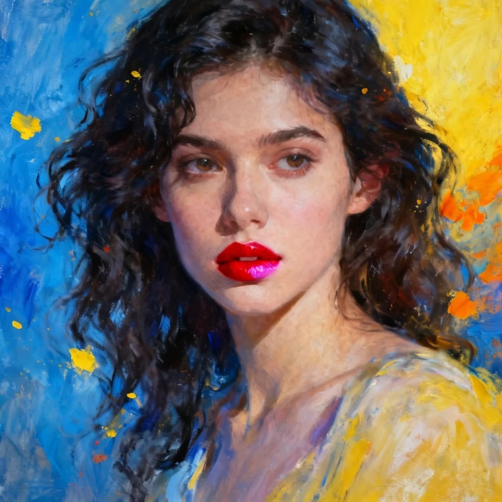 The image is a portrait of a young woman with dark hair and red lipstick. She is facing the viewer with a serious expression on her face. The background is a mix of blue and yellow tones, with splashes of yellow and orange. The woman's hair is styled in loose curls and falls over her shoulders. She has a hint of pink lipstick on her lips. The overall mood of the image is dreamy and ethereal. The painting is done in a realistic style, with bold brushstrokes and vibrant colors.