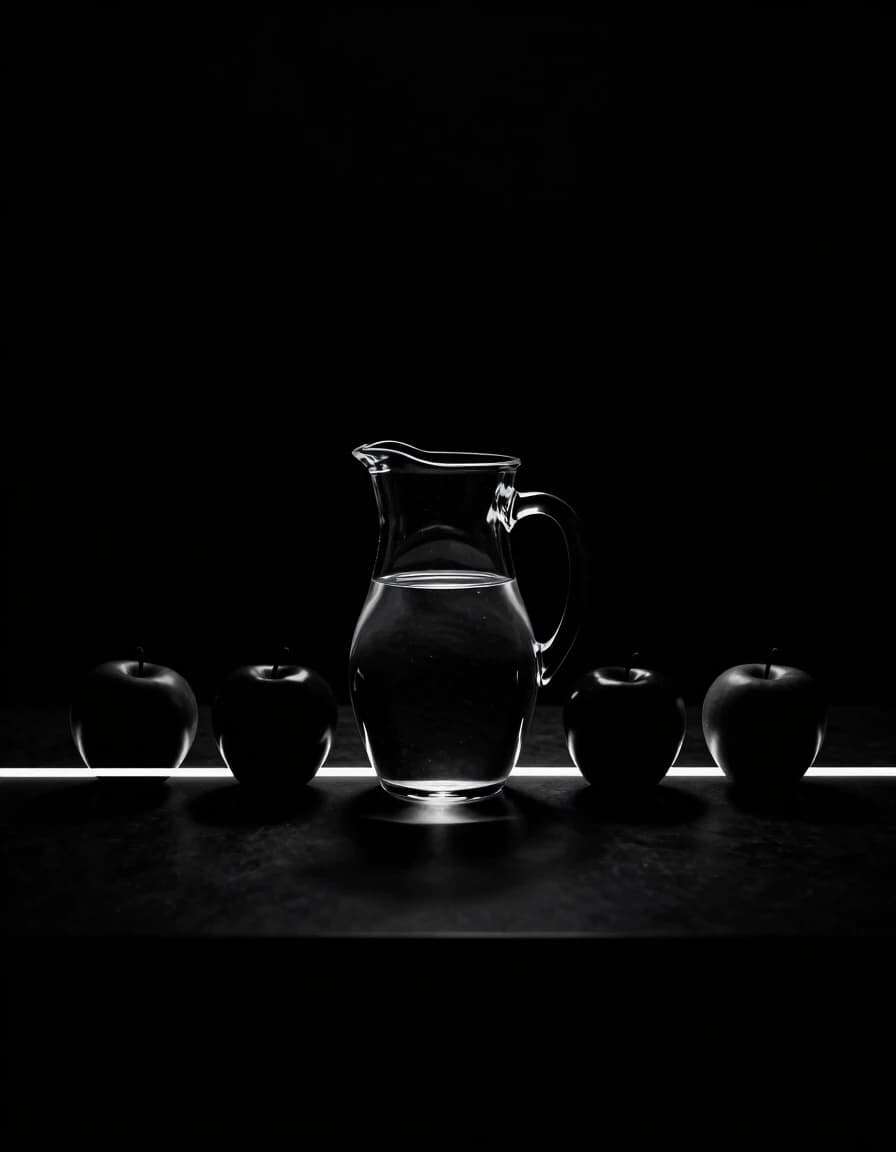 Black background, table surface with a thin white line, silhouette of a jug of water, silhouettes of apples with a white line nearby