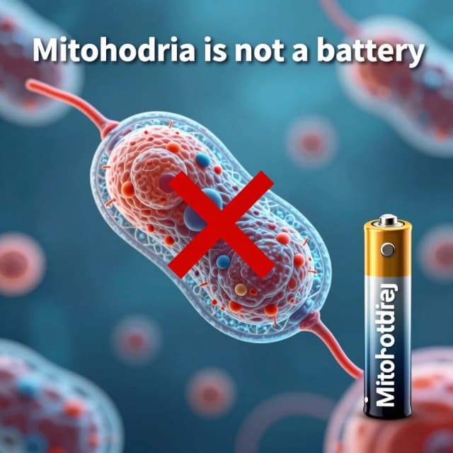 Красивая картинка "Митохондрия не батарейка" где детально показана митохондрия живой клетки перечеркнутый знак равенства и обычная мальчиковая батарейка