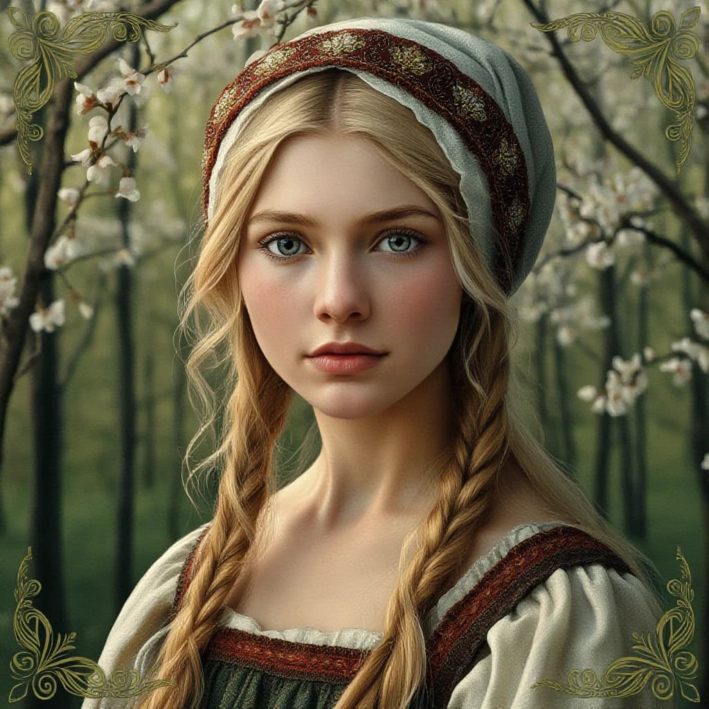 Russian Russians: A detailed portrait of a young woman of Slavic appearance from the 16th century in a traditional long Russian sundress and a traditional Russian cocoanut headdress, with blonde hair against the background of a spring blooming forest, in full growth. In the Glitter style: magical realism, natural symphony, shapes dissolve into color, lines flow like water, translucent layers with a watercolor texture, intricate ornaments at the corners of the composition.
High quality, 4k, octane, cinematic lighting, dramatic composition, eyes with increased detail, delicate skin texture, professional photography, depth of field, Leica camera, artstation trends, spectacular lighting, mystical atmosphere, detailed textures, volumetric lighting, works by Viktor Vasnetsov and Ivan Bilibin, gouache painting style, style Russian fairy tales, photorealism. An atmosphere of joy and serenity.