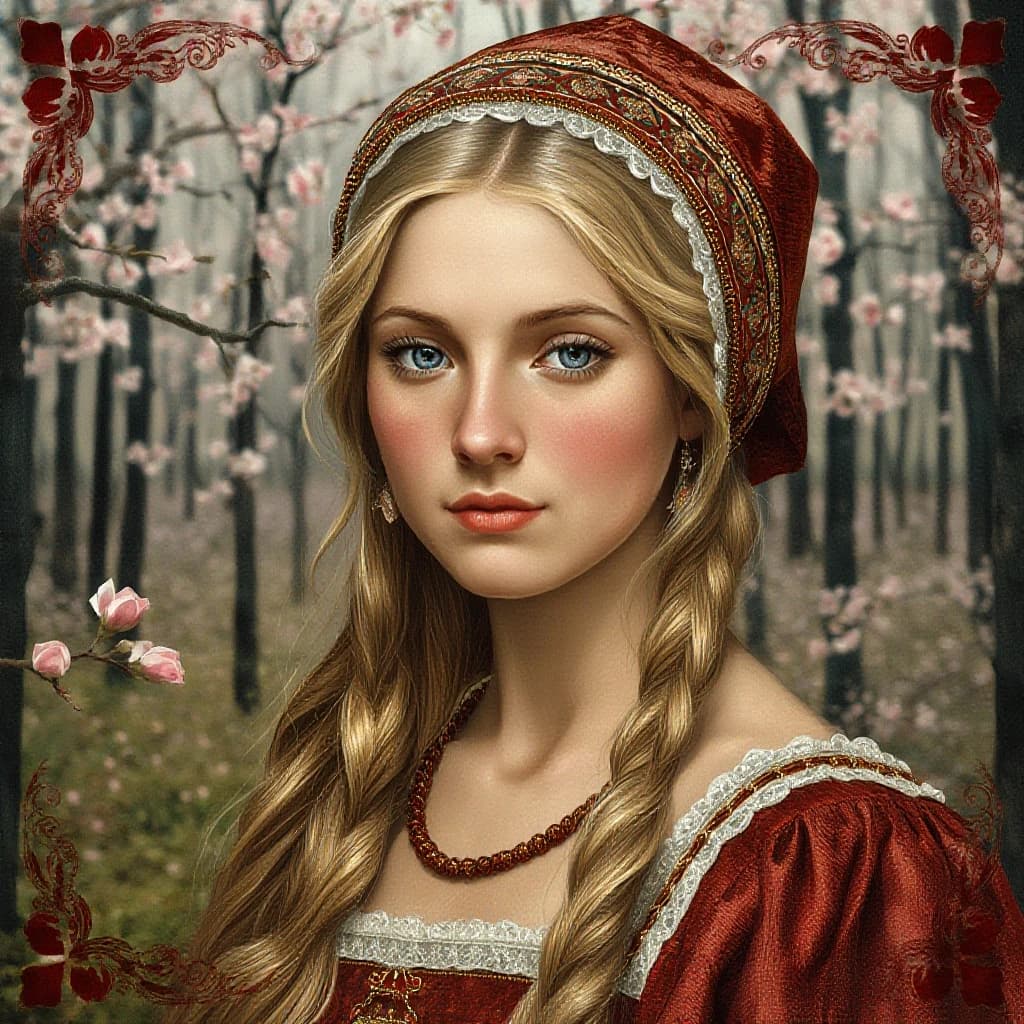 Russian Russians: A detailed portrait of a young woman of Slavic appearance from the 16th century in a traditional long Russian sundress and a traditional Russian cocoanut headdress, with blonde hair against the background of a spring blooming forest, in full growth. In the Glitter style: magical realism, natural symphony, shapes dissolve into color, lines flow like water, translucent layers with a watercolor texture, intricate ornaments at the corners of the composition.
High quality, 4k, octane, cinematic lighting, dramatic composition, eyes with increased detail, delicate skin texture, professional photography, depth of field, Leica camera, artstation trends, spectacular lighting, mystical atmosphere, detailed textures, volumetric lighting, works by Viktor Vasnetsov and Ivan Bilibin, gouache painting style, style Russian fairy tales, photorealism. An atmosphere of joy and serenity.