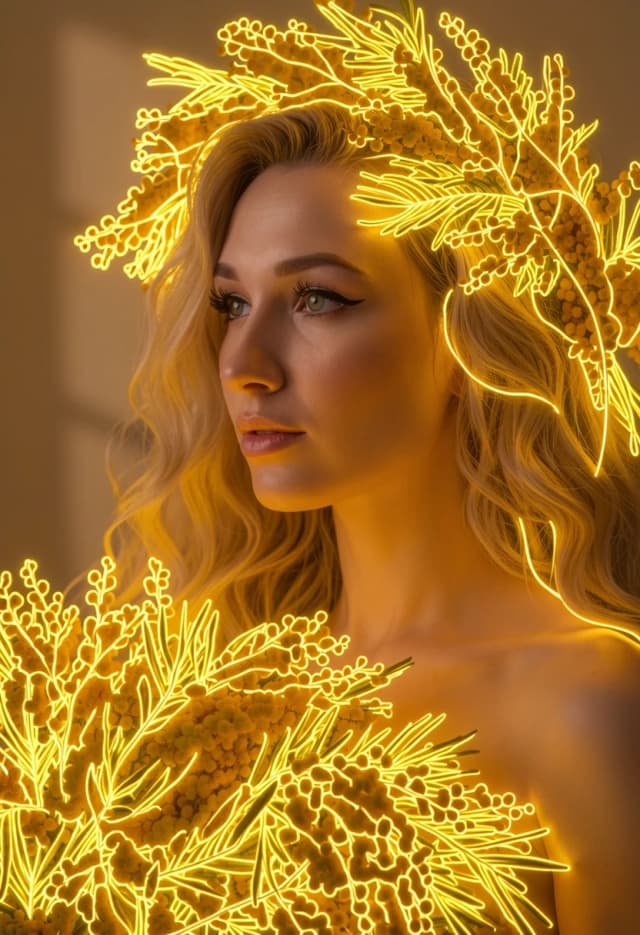 Detailed photo of the girl, with delicate thin micro LED neon flex strings neatly tracing the exact shapes of the mimosa flowers and wreath. Ultra-thin yellow neon wire overlay, 8mm glowing neon cord outlines, precise and clean electrical light design, perfect face preservation, realistic commercial glowing product photography