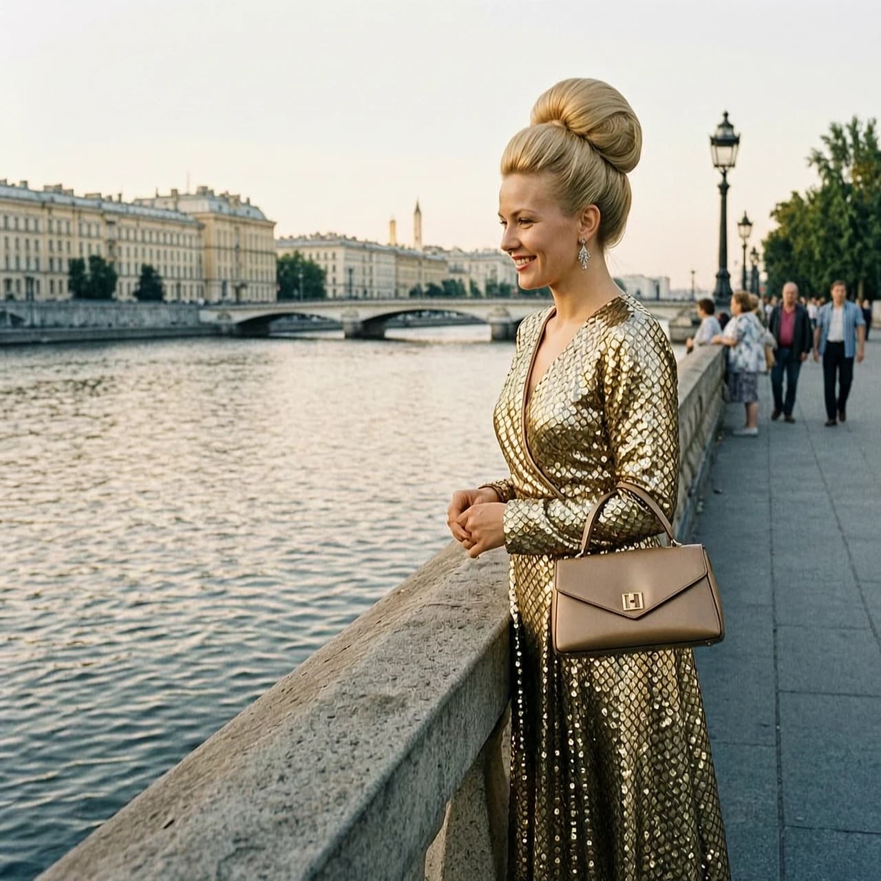 Восьмидесятые. москва. молодая женщина у реки в дорогом платье стоит у парапета и смотрит на воду. она блондинка с высокой причёской и с сумочкой в руках. она улыбается.