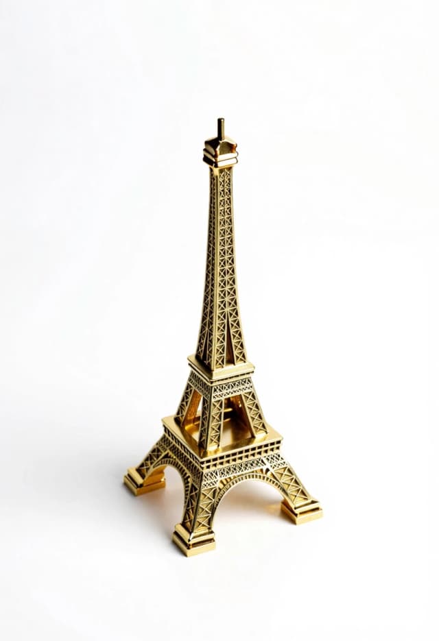 Professional award-winning photo on a pristine white background. A masterpiece, stunningly beautiful. Isometric view. A golden statuette shaped like the Eiffel Tower.