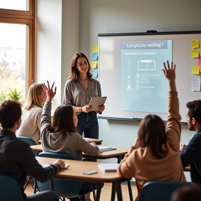 Teacher leading an interactive lesson in a modern classroom. Students raising hands and looking at a smartboard with quiz questions. Teacher holding a tablet, smiling, walking between desks. Bright classroom, group activity, sticky notes on a board. Realistic style, 8K, warm lighting.