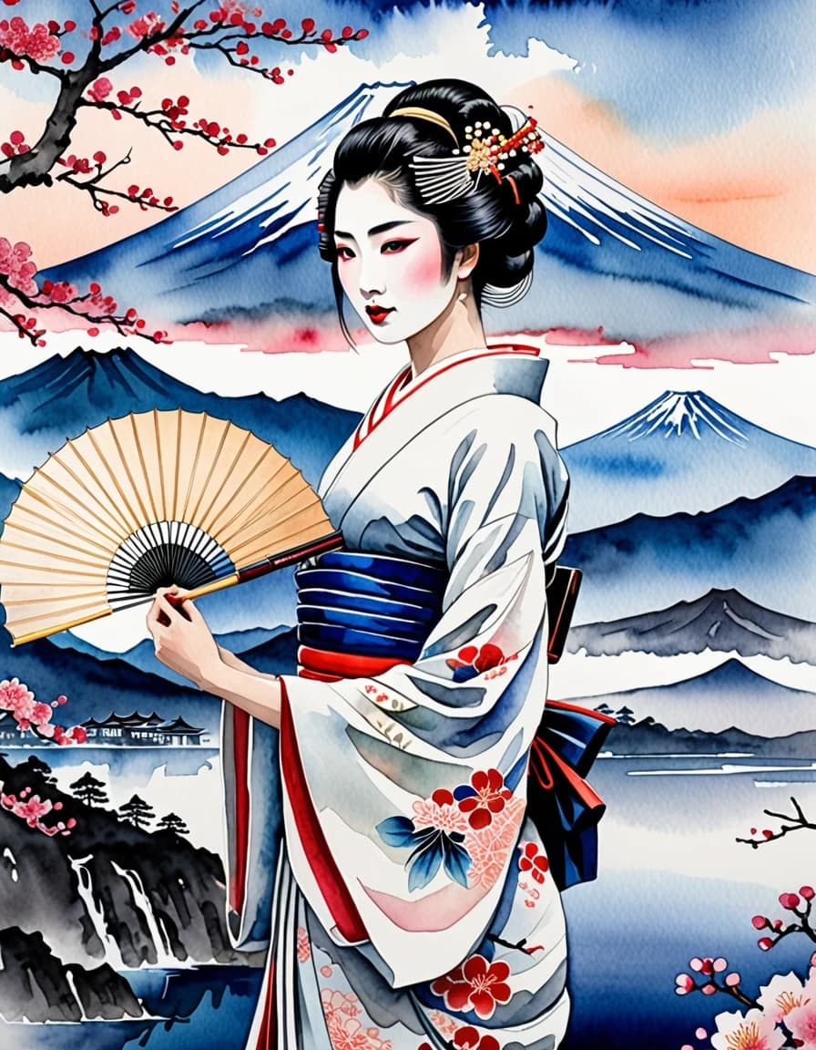 A masterpiece. Creating an image. The style is watercolor painting. Delicate watercolor on raw, on paper.((A beautiful geisha stands against the backdrop of Mount Fujiyama with one evening in her hand:1.6)). High resolution. High detail and clear texture. Intense close-up. High quality. Increased attention to small details. The aspect ratio is 3:4. Artists - Levitan, Shishkin.