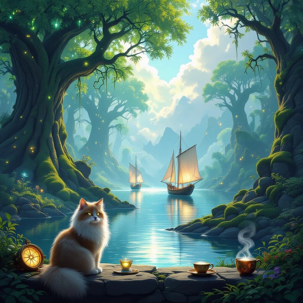 Epic fantasy digital painting, a magical glowing forest with towering ancient trees with bioluminescent leaves, lush green moss, and floating glowing spores. In the distance, a crystal-clear lake reflects fluffy white clouds and majestic sailing ships with glowing silver sails floating peacefully on the water. In the foreground, a wise fluffy cat sits on a stone ledge, looking at the viewer with glowing eyes. A mystical glowing compass and a cup of hot tea are on the table next to the cat. Soft ethereal sunlight breaking through the mist, cinematic volumetric lighting, deep rich colors, highly detailed, 8k, masterpiece, artstation style.