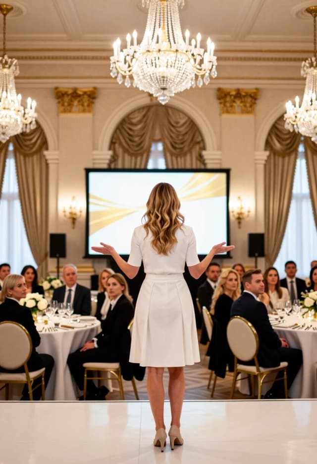 Create a photorealistic in the style of a premium business event — a vertical shot (9:16), a back view of the central figure. In the center is a woman with long, wavy, light‑colored hair; she is standing on a glossy stage, her posture is open, her arms are slightly spread apart, as if she is about to start speaking or is greeting the audience. She is wearing a simple white dress with short sleeves and a pleated skirt that reaches mid‑thigh; on her feet are beige pumps with medium heels.

The hall is a luxurious banquet hall in the neoclassical style: high ceilings with stucco molding, massive crystal chandeliers, arched windows with heavy draperies in a warm beige‑gold shade, wall sconces with warm light. In the background is a large glowing screen with an abstract golden‑white pattern.

There is a dense audience in front of the stage: women in business and evening clothes sit at round tables covered with white tablecloths; glasses, flower arrangements, and cutlery are on the tables. The guests’ faces express attention and interest; some are slightly tilted forward.

Lighting — combined: warm light from chandeliers and sconces, bright accent lighting on the screen, soft highlights on the glossy stage floor. Detail the texture of the draperies, the facets of the crystal in the chandeliers, the folds on the dresses, individual flowers in the compositions, and the reflections on the floor. The palette is noble, dominated by white, beige, gold, and warm cream; add a light, airy haze to create depth in the frame.