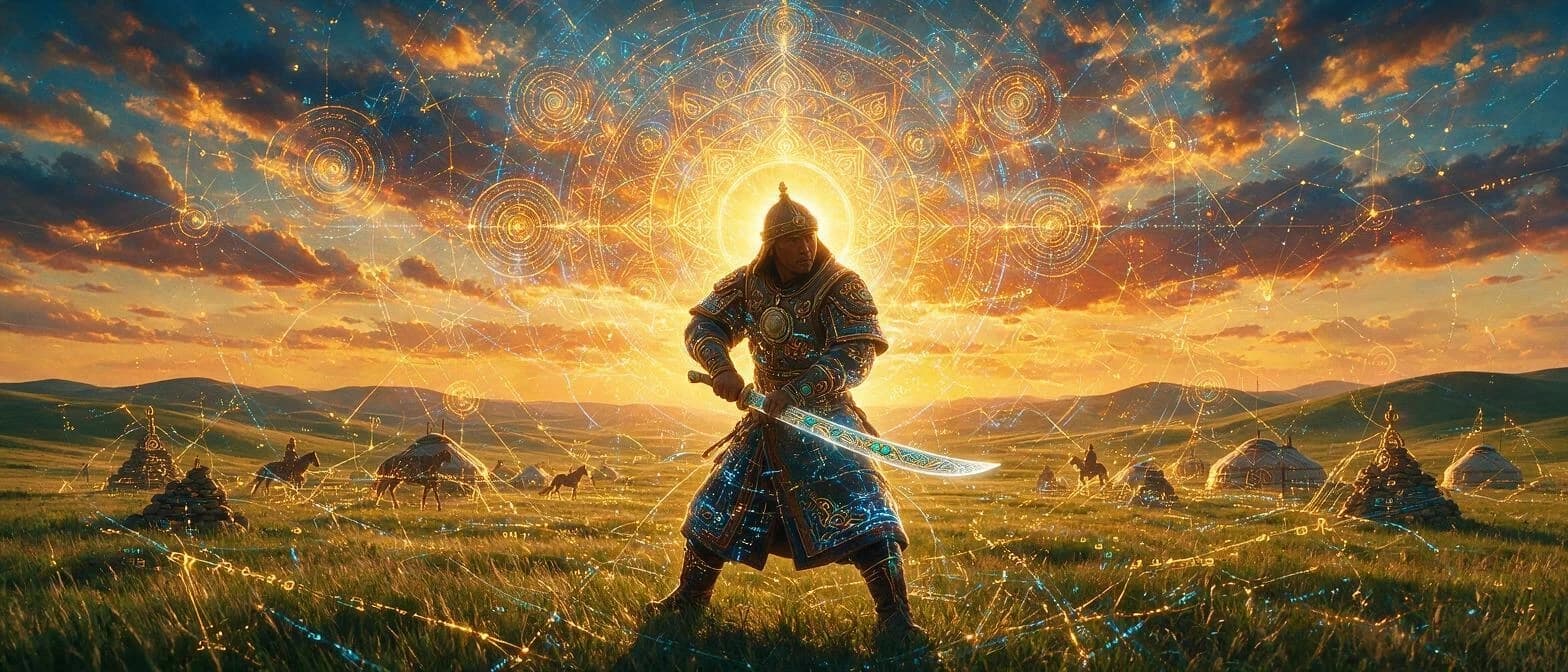 Бурятский воин с саблей, стоящий на страже на фоне бескрайней степи. Его одежда украшена традиционными бурятскими орнаментами и элементами доспеха, частично переходящими в светящиеся цифровые линии. В руках — сабля с голографическим лезвием. За его спиной — солнце и степной простор, переходящие в сакральную геометрию (мандала, круг, спираль) и квантовую сеть. Вокруг — силуэты коней и юрт, сплетающиеся с цифровыми кодами и рунами. Стиль: кибер-реализм, тёплые золотые, оранжевые, красные и тёмно-синие тона, с акцентами бирюзового