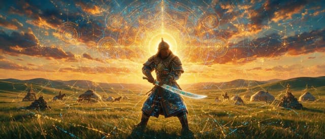 Бурятский воин с саблей, стоящий на страже на фоне бескрайней степи. Его одежда украшена традиционными бурятскими орнаментами и элементами доспеха, частично переходящими в светящиеся цифровые линии. В руках — сабля с голографическим лезвием. За его спиной — солнце и степной простор, переходящие в сакральную геометрию (мандала, круг, спираль) и квантовую сеть. Вокруг — силуэты коней и юрт, сплетающиеся с цифровыми кодами и рунами. Стиль: кибер-реализм, тёплые золотые, оранжевые, красные и тёмно-синие тона, с акцентами бирюзового