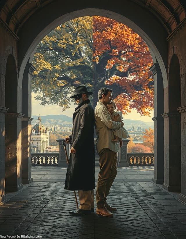 Dark fantasy book cover illustration strictly in the style of Rita Hoffman "Мрачный взвод" series covers — stylized digital painting, clean sharp lines, strong character focus, dramatic atmospheric background, high contrast, slightly painterly but precise.

Two adult men standing back to back in an open stone gallery (arcade with columns). On the left — a plague doctor of the same height as the other man (he only appears taller because of the wide-brimmed hat). He wears a long black coat, classic beaked mask and hat, his cane is planted firmly on the brick floor. On the right — a man with short dark hair and distinct gray temples, wearing a light open linen shirt and brown trousers, holding his young blonde daughter in his arms. The girl wears a white dress and a flower crown, her arms wrapped around his neck, looking at his face. The two men stand close, backs almost touching.

Through the open arches of the gallery a vast city is visible. In the middle of the city stands an enormous ancient tree so huge that it does not fit entirely into the frame — only the massive trunk and lower part of the crown are visible. The trunk of the tree is encircled by a large manor estate. Split world and lighting: on the side of the man and girl — bright clear spring day with green foliage and warm daylight; on the side of the plague doctor — dark autumn evening in deep red and crimson tones with orange-brown leaves. Strong contrast between the two halves of the scene. Brick pavement under their feet, cinematic book cover composition, high detail on characters.