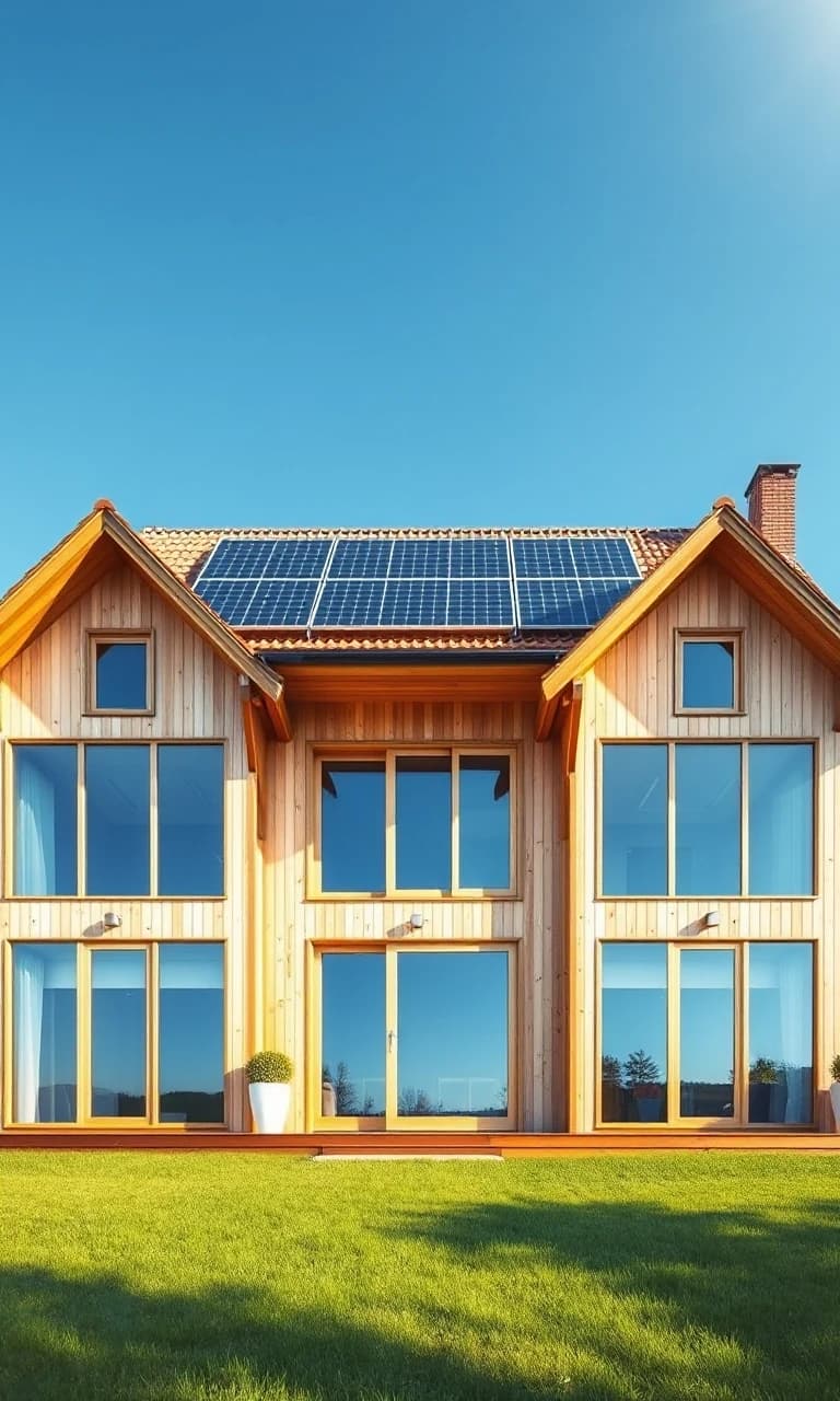 Vertical architectural photography of a modern eco-friendly Scandinavian wooden frame house. Elegant natural timber facade, massive panoramic windows. Shiny black solar panels are neatly installed on the roof, catching bright sunbeams. The entire house is perfectly centered and fits fully within the vertical frame without cropping. Clear blue sky, a clean green mowed lawn at the bottom. Bright natural daylight, highly realistic, 8k resolution, photorealistic, sharp details.