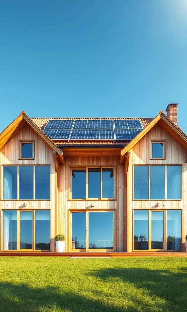 Vertical architectural photography of a modern eco-friendly Scandinavian wooden frame house. Elegant natural timber facade, massive panoramic windows. Shiny black solar panels are neatly installed on the roof, catching bright sunbeams. The entire house is perfectly centered and fits fully within the vertical frame without cropping. Clear blue sky, a clean green mowed lawn at the bottom. Bright natural daylight, highly realistic, 8k resolution, photorealistic, sharp details.