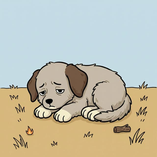 A flat tan ochre ground under a pale sky blue sky, simple fully colored background with a clear horizon line. A small fluffy puppy with a flat light gray-brown coat, slightly darker brown ears, oversized paws, floppy ears and a round black dot eye lies curled up on the ground, looking sick and weak, its eye half-closed with a droopy eyelid line and sad slanted eyebrows. flat 2D hand-drawn cartoon illustration in a simple webcomic explainer style, clean slightly wobbly black ink outlines of even medium thickness on every shape, stick-figure characters with thin single-line black limbs, tiny line fingers and large perfectly round white heads with small solid black dot eyes and simple expressive line eyebrows and mouth, animals drawn with simplified natural proportions in side view with one flat fur color, a slightly darker accent tone and short texture strokes along the fur edges, flat solid color fills with no gradients, no shading, no cast shadows, no glow and no lighting effects, only sparse short hand-drawn texture strokes on fur, dry grass and wood, muted warm earthy palette of pale sky blue, tan ochre, straw yellow, warm brown, dark chocolate brown, bone cream, stone gray, taupe, rust red ochre and soft green with small orange-yellow fire accents, any text written in thin black hand-lettered uppercase marker letters, calm uncluttered composition with one main subject and only a few props, generous empty space, 16:9 horizontal composition, centered subject, plenty of empty negative space