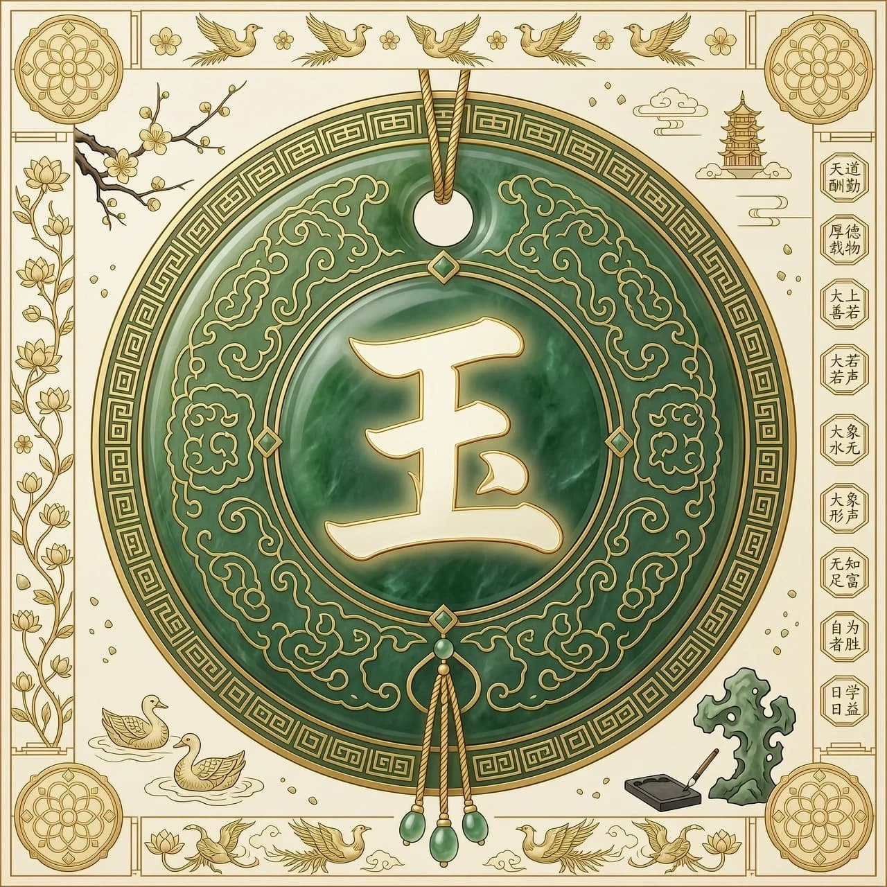 Design a video logo for a cultural project: the Chinese hieroglyph 玉 (yù) in the center, set against a background that resembles an ancient Chinese jade pendant. Use traditional Chinese patterns and motifs around the edges. Color palette: emerald green, ivory, and gold. Mood: mystical, elegant, spiritual. Style: fine art illustration, high detail, 8K.
