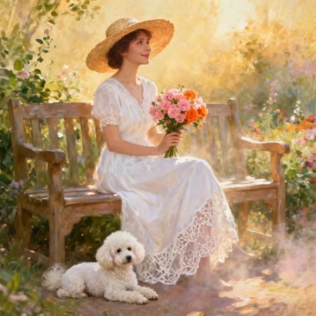 The image is a painting of a woman sitting on a wooden bench in a garden. She is wearing a white dress with a lace overlay and a large straw hat with a wide brim. The woman is holding a bouquet of pink and orange flowers in her left hand and is looking off to the side with a slight smile on her face. Next to her, there is a small white poodle dog lying on the ground. The background is filled with greenery and colorful flowers, creating a peaceful and serene atmosphere. The overall mood of the image is romantic and dreamy.