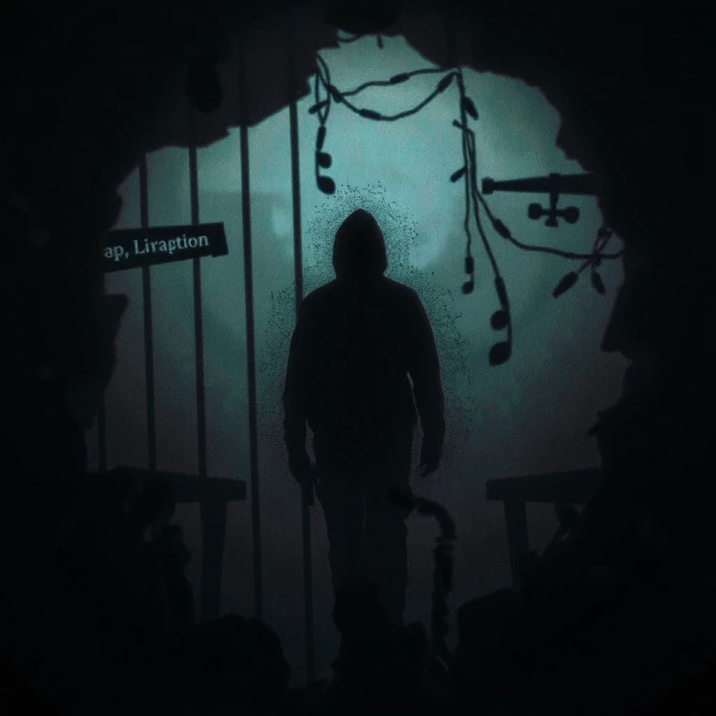 Album cover art for electronic track "Trapped" by artist MiSkam, genre: Illbient + Breakstep. Dark atmospheric mood, feeling of depersonalization and dissociation. A lone human silhouette seen through distorted glass or fog, fragmented reflection, sense of detachment from reality. Background: dark moody tones, deep blacks, charcoal grays, muted blues and purples. Visual elements: subtle harp strings floating in the air like ghostly threads, distorted breakbeat drum patterns as glitchy fragments, bassoon-like organic textures. Style: abstract surrealism, glitch art, dark ambient aesthetic. Composition: centered figure, shallow depth of field, cinematic lighting. Technical: square format, high detail, ar 1:1 --v 6 --q 2 --style raw