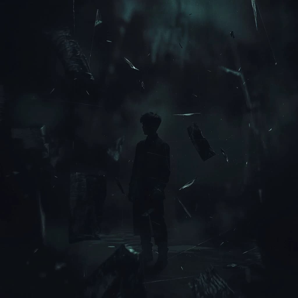 Album cover art for electronic track "Trapped" by artist MiSkam, genre: Illbient + Breakstep. Dark atmospheric mood, feeling of depersonalization and dissociation. A lone human silhouette seen through distorted glass or fog, fragmented reflection, sense of detachment from reality. Background: dark moody tones, deep blacks, charcoal grays, muted blues and purples. Visual elements: subtle harp strings floating in the air like ghostly threads, distorted breakbeat drum patterns as glitchy fragments, bassoon-like organic textures. Style: abstract surrealism, glitch art, dark ambient aesthetic. Composition: centered figure, shallow depth of field, cinematic lighting. Technical: square format, high detail, ar 1:1 --v 6 --q 2 --style raw