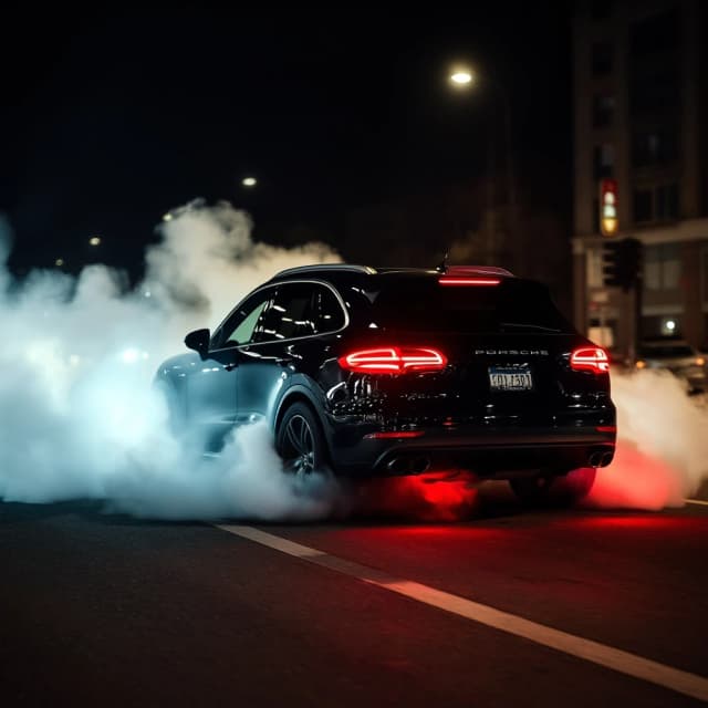 Porsche Cayenne делает бернаут на главной улице в ночном городе, тормоза раскалились, вид сзади, из колес идет дым