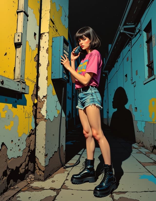A masterpiece,  in the style of the 1980s, with bold lines, dynamic strokes and rich textures, on background with a touch of nostalgia, perhaps with subtle drawings inspired by cellulose and vintage, worn textures similar to paper, oil painting, The 1980s. At night, a young woman makes a call on a pay phone that hangs on the wall in a dirty alley. She's wearing platform shoes, denim short shorts, a neon-colored T-shirt, and an 80s-style hairstyle.  hdr