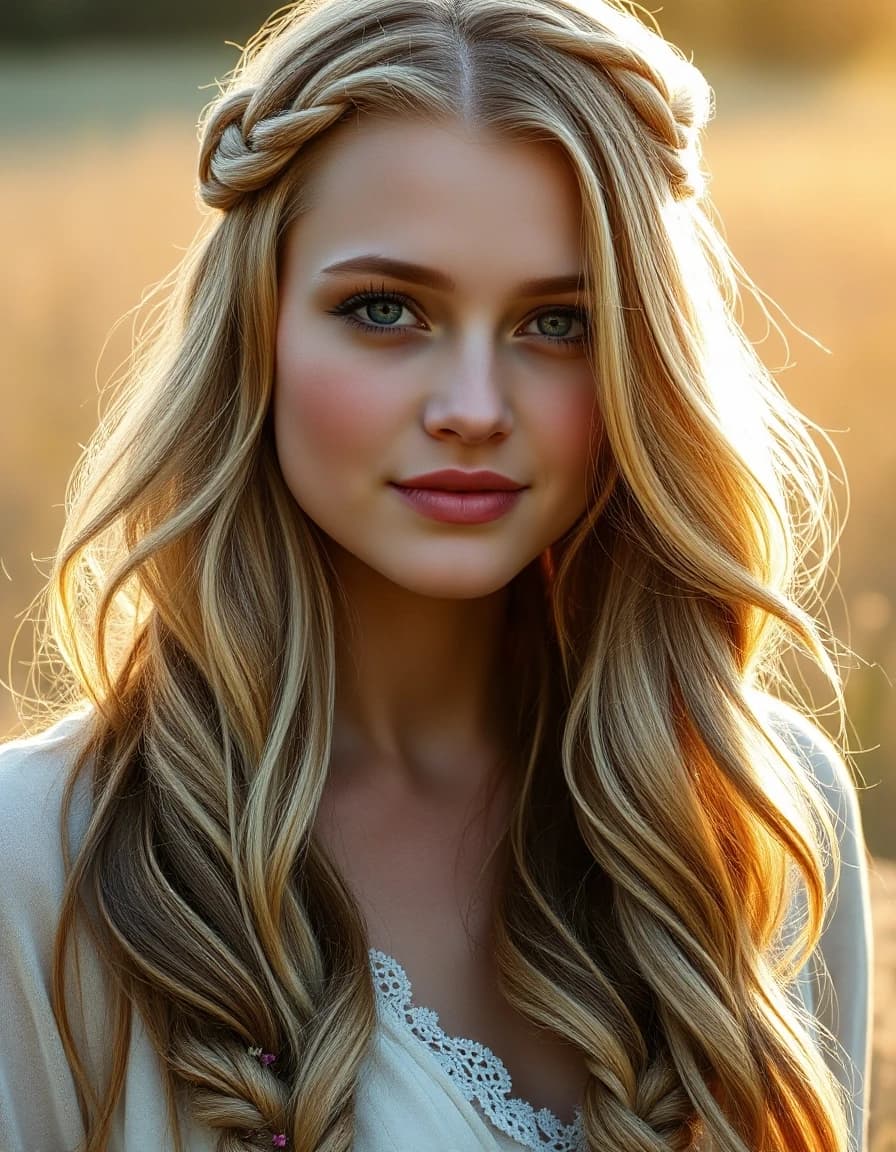 A realistic, high-resolution photo of a fair-skinned maiden with extremely long, shiny golden hair braided with delicate wildflowers. Bright, warm sunlight hits her hair, making every strand shine like pure gold. Natural face texture, soft focus background of a blooming summer meadow, sharp detail.