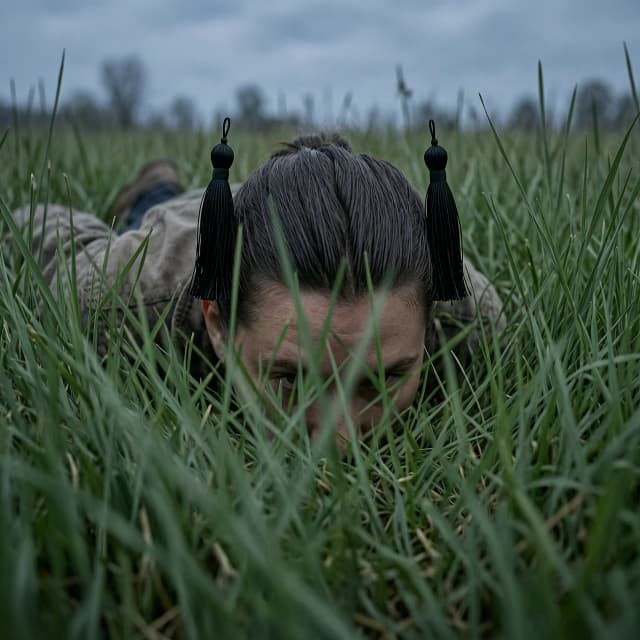 Low-angle shot from inside grass: Устанавливает камеру "внутри" травы, создавая эффект присутствия.
Only the top of a head and ears with black tassels: Четко указывает, что мы видим только макушку и уши (кисточки — важная деталь).
Stealthily stalking: Передает движение и крадущуюся позу.
Blurred foreground: Добавляет кинематографичности и фокуса на герое.