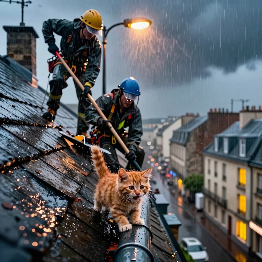 Photorealistic, cinematic, 8K, 2:3 aspect ratio. Low-angle shot from the street looking up at a steep, wet slate roof of an old city building. Heavy rain, dramatic lighting: a single warm streetlamp cuts through the downpour with volumetric rays, contrasting with the deep blue-grey of the stormy sky.

On the roof, two roofers in waterproof gear are working against the elements. One is clearing debris with a long-handled scraper; the other is inspecting a loose tile, his face tense with concentration, rain dripping from his visor. Their postures show effort and balance — they are leaning into the wind.

In the foreground, sharply in focus, a tiny, drenched but defiant ginger kitten clings to a metal downspout. Its fur is matted and spiky from the rain, eyes wide and bright, mouth slightly open in a tiny mewl. The kitten’s size emphasizes the height and danger of the roofers’ work.

Background: a dense urban landscape of rooftops fading into the rainy haze, with warm yellow windows creating a sense of life and shelter amidst the storm.

Technical: extreme depth of field — the kitten razor-sharp, the roofers slightly softer, the city background deep bokeh. High contrast, wet surface textures, raindrops on lens effect, detailed fabric of the workwear, hyper-realistic fur of the kitten. Mood: tension, care, and the unexpected heroism of small things.