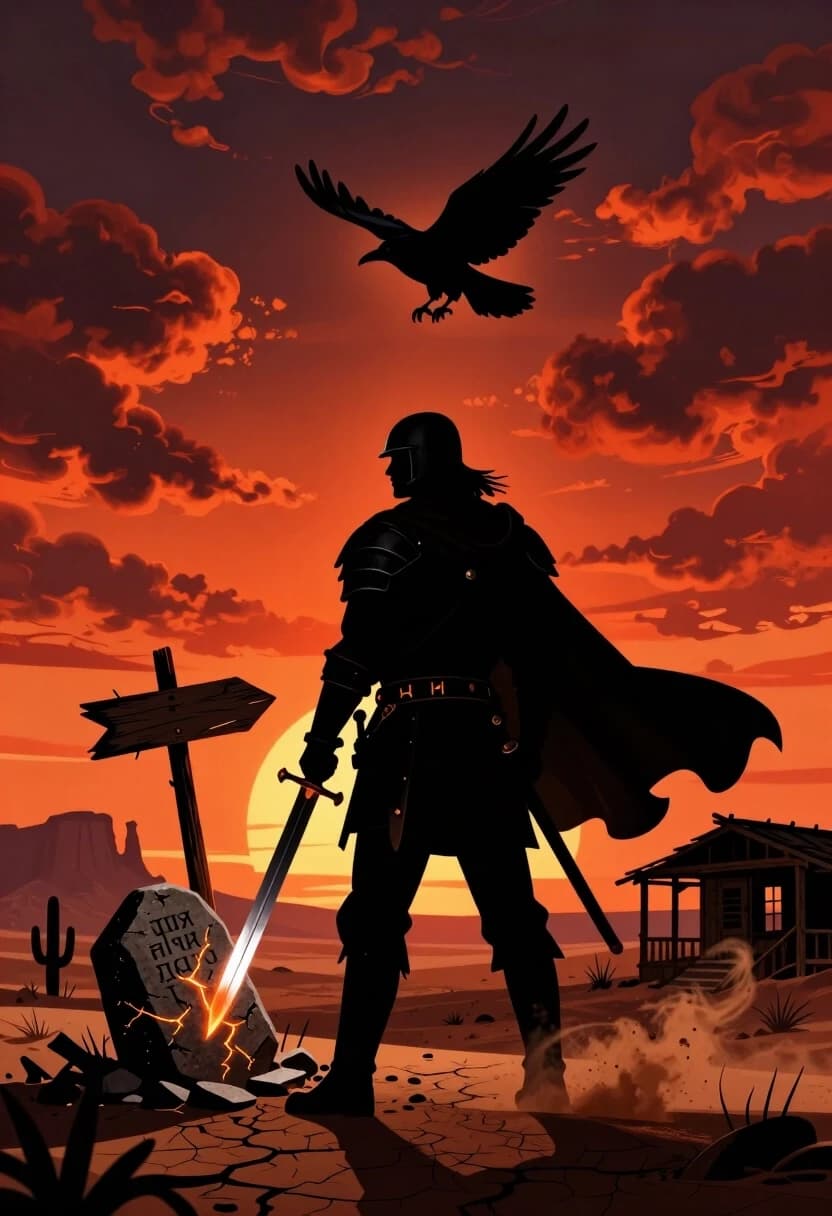 Wild West epic silhouette art, high contrast, dramatic sunset, cinematic framing, heavy chiaroscuro, saturated orange‑red sky, thick painterly clouds. A massive silhouette of a bogatyr stands in the foreground, his form dominating the lower half of the frame. He’s in stylized armor that blends Slavic motifs with frontier practicality: heavy plate shoulders, a cloak that flares dramatically in the wind, a broad belt with pouches and tools, and tall boots. His helmet is off, tucked under one arm, revealing a stern profile against the blazing horizon. In his right hand, he holds a lowered sword; its blade catches a thin sliver of sunset light, creating a sharp silver line.

The prophecy stone is a large, weathered monolith at the crossroads, its Cyrillic runes carved deep and highlighted with glowing orange cracks, as if the words themselves are burning. The stone is cracked and tilted, surrounded by scattered shards and dry, cracked earth. A simple wooden signpost leans beside it, its boards warped and splintered, with two arrows pointing in opposite directions — one toward a distant mountain range, the other into a hazy desert horizon.

A raven circles high above the stone, a small but distinct silhouette against the fiery sky. Its wings are spread wide, catching the backlight, and it’s positioned just above the stone’s peak, as if guarding the prophecy. Tiny dust devils swirl around the bogatyr’s feet, kicked up by the wind.

Background: a vast desert landscape under a dramatic sunset. The sky is layered with thick, sculpted clouds in deep red, burnt orange, and dark purple. The horizon is lined with mesa formations and buttes, their silhouettes sharp and jagged. To the right, the ruins of an old wooden outpost lean into the wind, its porch half‑collapsed and its windows dark. Cacti and sparse desert shrubs dot the cracked ground, their shapes dark and spiky.

Color palette: deep black and charcoal for the silhouettes; intense orange, red, and amber for the sky and sunset; warm brown and ochre for the earth and ruins; subtle silver and glowing orange for the sword and runes. Mood: epic choice, high stakes, solemn resolve, the weight of destiny under a burning sky.

Technical: strong silhouette work with minimal internal detail, relying on shape and negative space; heavy contrast between the dark figures and the bright sky; volumetric clouds with detailed edges; glowing cracks in the stone and subtle heat haze rising from the ground; dust particles and motion blur on the cloak and raven’s wings; a cinematic aspect ratio with a low horizon line to emphasize the sky; a painterly finish with visible brushstrokes and texture.