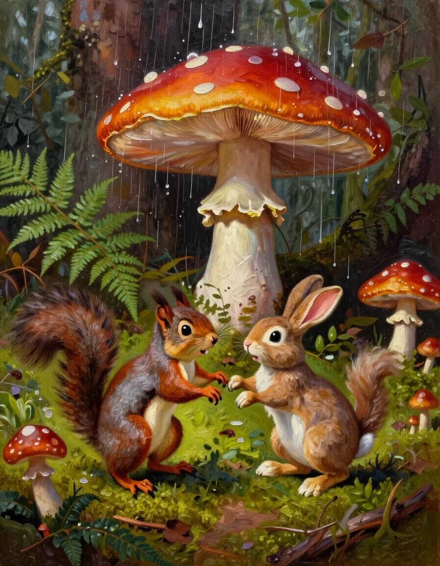 A masterpiece. Creating an image. Style - painting, oil, cartoon style.((A secluded forest glade among ferns, mushrooms and moss, in the foreground squirrels and bunnies dancing hand in hand under a warm mushroom rain:1.6)). High resolution. High detail and clear texture. Close-up. High quality. Increased attention to small details. The aspect ratio is 3:4. The artists are Levitan, Shishkin.