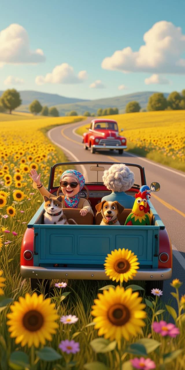 Pixar-style 3D animation, cinematic wide shot. Deep depth of field: foreground is wildflowers and sunflowers in sharp focus; middle ground is the winding country road; far background features the vintage red truck driving away and turning gently to the RIGHT. The truck is small, occupying less than 20% of the frame, positioned in the distance to emphasize scale and motion.

Inside the truck: modern cheerful elderly woman driving (sunglasses, colorful headscarf), waving. In the back: happy dog in a blue bandana, tabby cat in a jester hat, rooster, monkey, and parrot — all visible but small due to the distance, bouncing slightly.

Rolling hills, windmill, and farmhouses in the far distance. Golden hour lighting, volumetric rays cutting through the air.

Negative prompt: truck in foreground, truck filling the frame, close-up, static pose, flat background, text, vegetables.