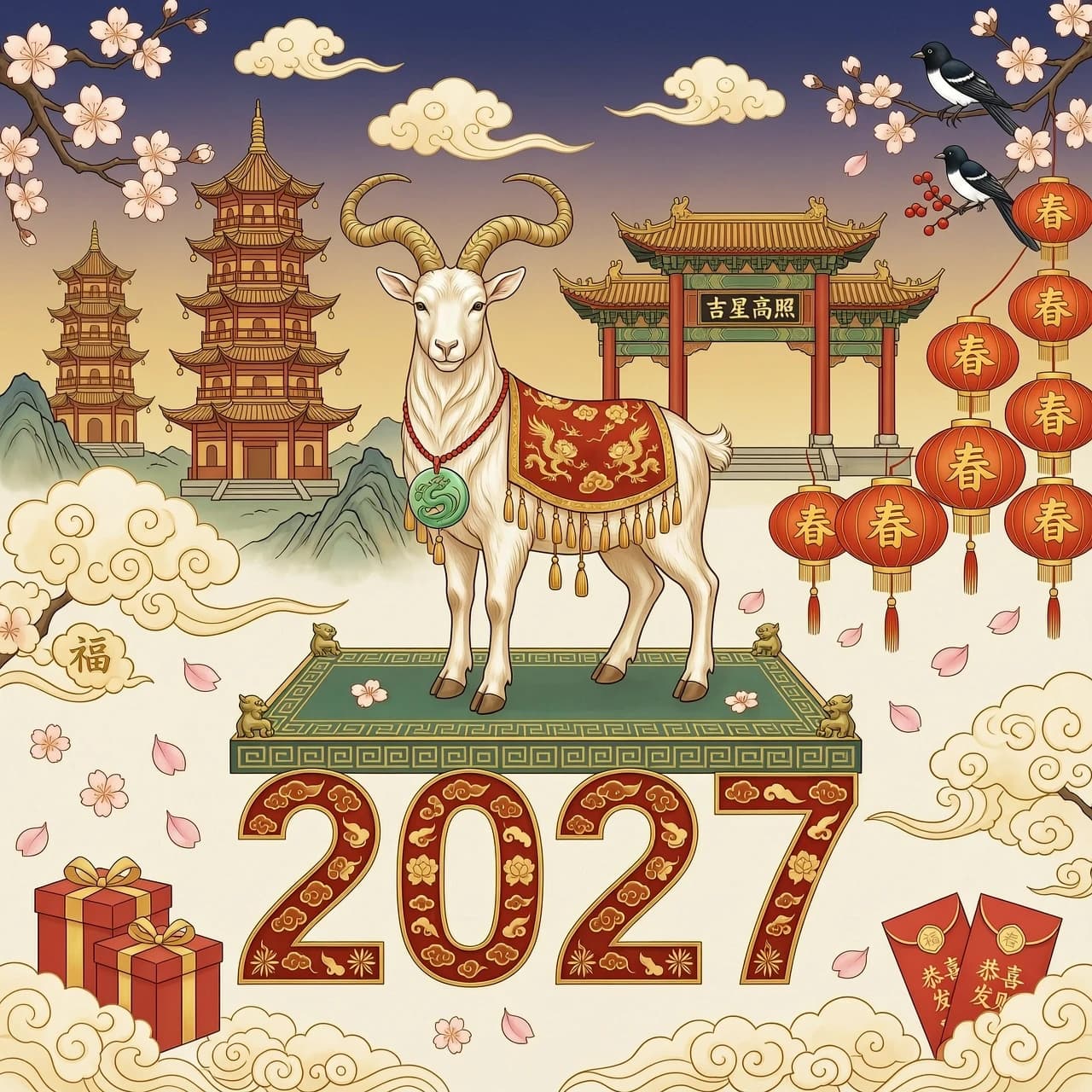 Horizontal illustration, aspect ratio 4:3. Goat in oriental style, symbol of 2027. Blooming sakura, Chinese lanterns, pagodas, gold patterns, clouds. Red and gold tones, festive atmosphere, but without fire. Chinese painting style, digital art. Large numbers "2027" in the center in a cut-out stencil style. High quality, highly detailed.