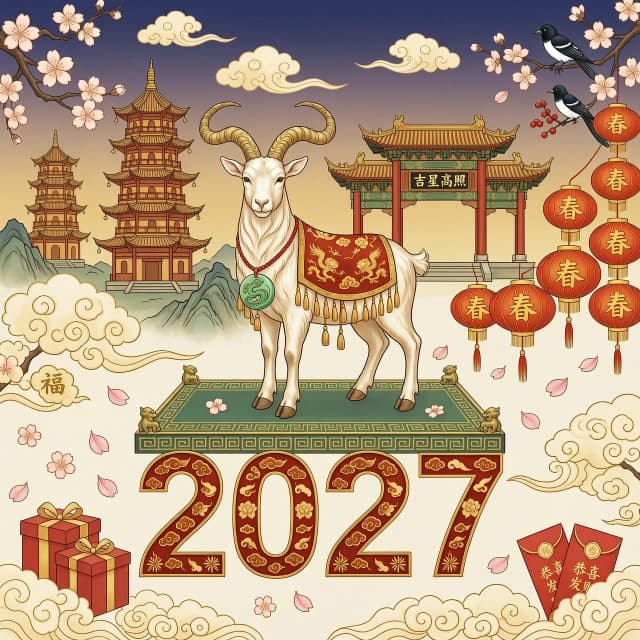 Horizontal illustration, aspect ratio 4:3. Goat in oriental style, symbol of 2027. Blooming sakura, Chinese lanterns, pagodas, gold patterns, clouds. Red and gold tones, festive atmosphere, but without fire. Chinese painting style, digital art. Large numbers "2027" in the center in a cut-out stencil style. High quality, highly detailed.